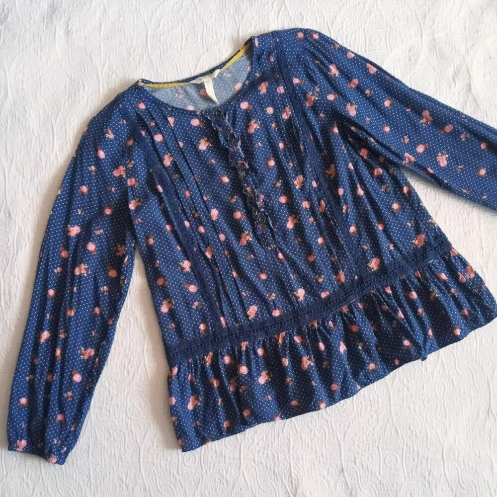 Matilda Jane Long Sleeved Blouse Navy Blue Polka Dots Flowers - Picture 1 of 8